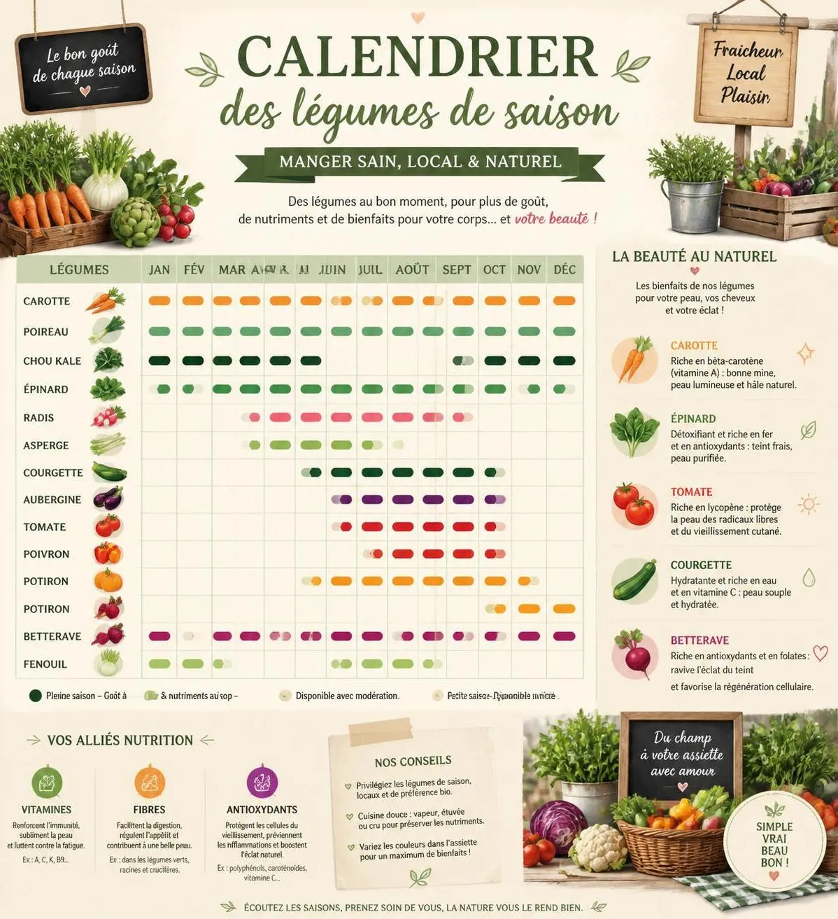 découvrez notre calendrier des légumes de saison pour une alimentation saine et des astuces de beauté naturelle pour prendre soin de votre peau au rythme des saisons.