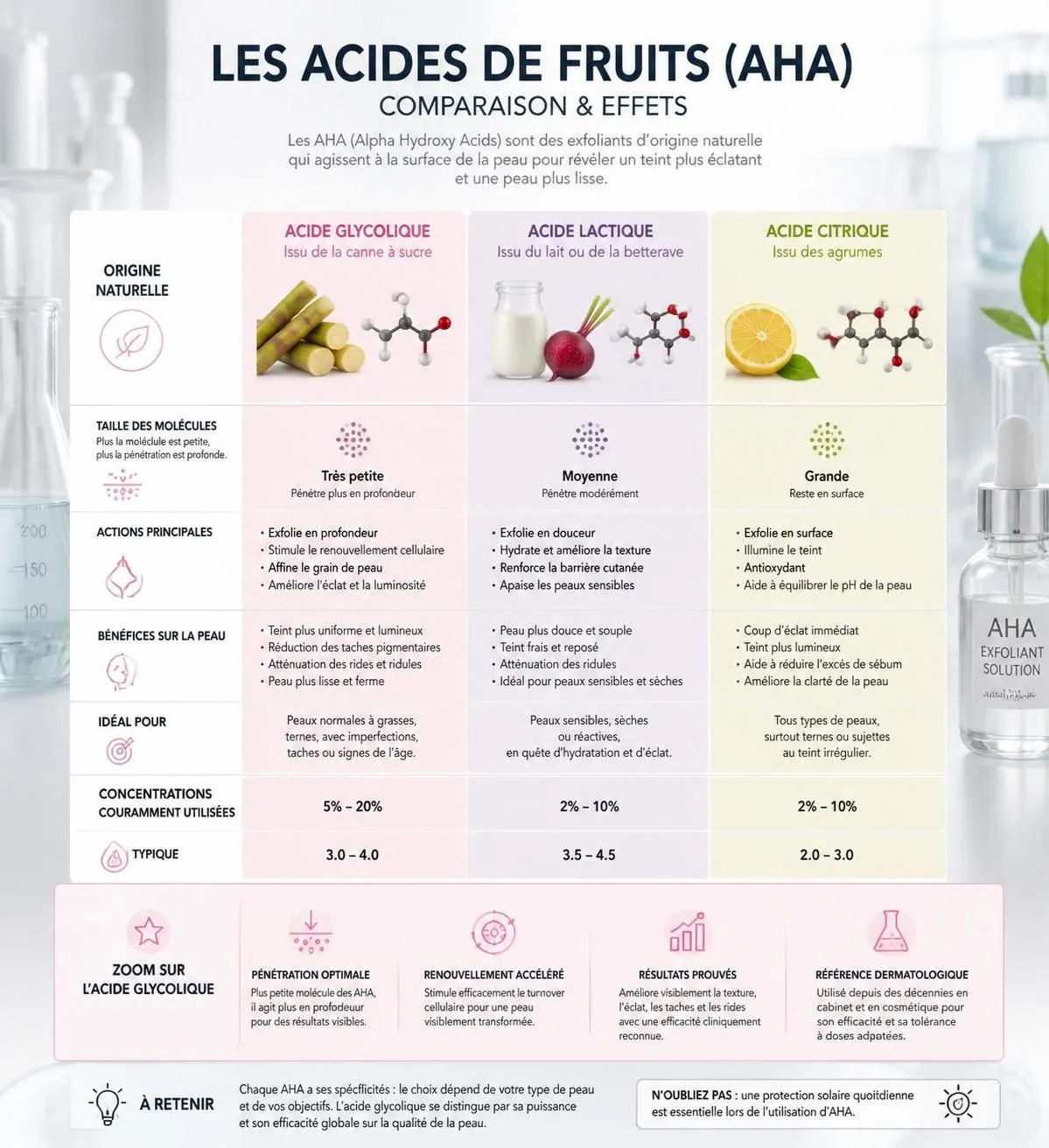 découvrez les bienfaits de l'acide glycolique, sa concentration idéale et les précautions à prendre en 2026 pour une peau éclatante et saine.