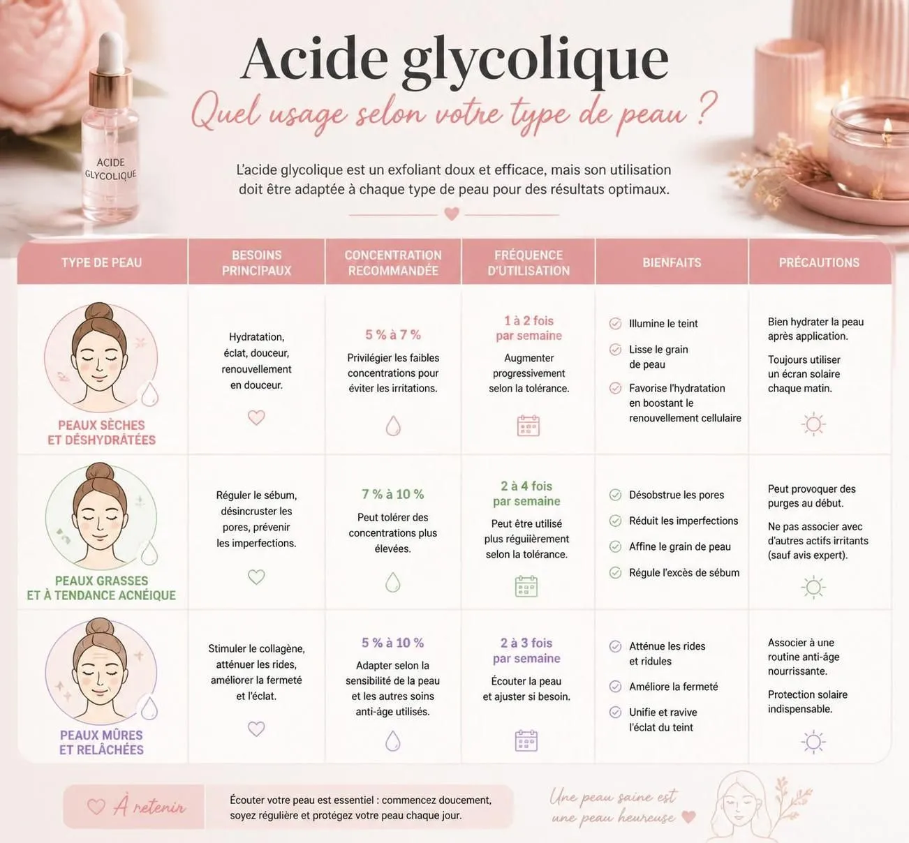découvrez les bienfaits de l'acide glycolique, ses différentes concentrations adaptées à votre peau, et les précautions à prendre en 2026 pour une utilisation sûre et efficace.
