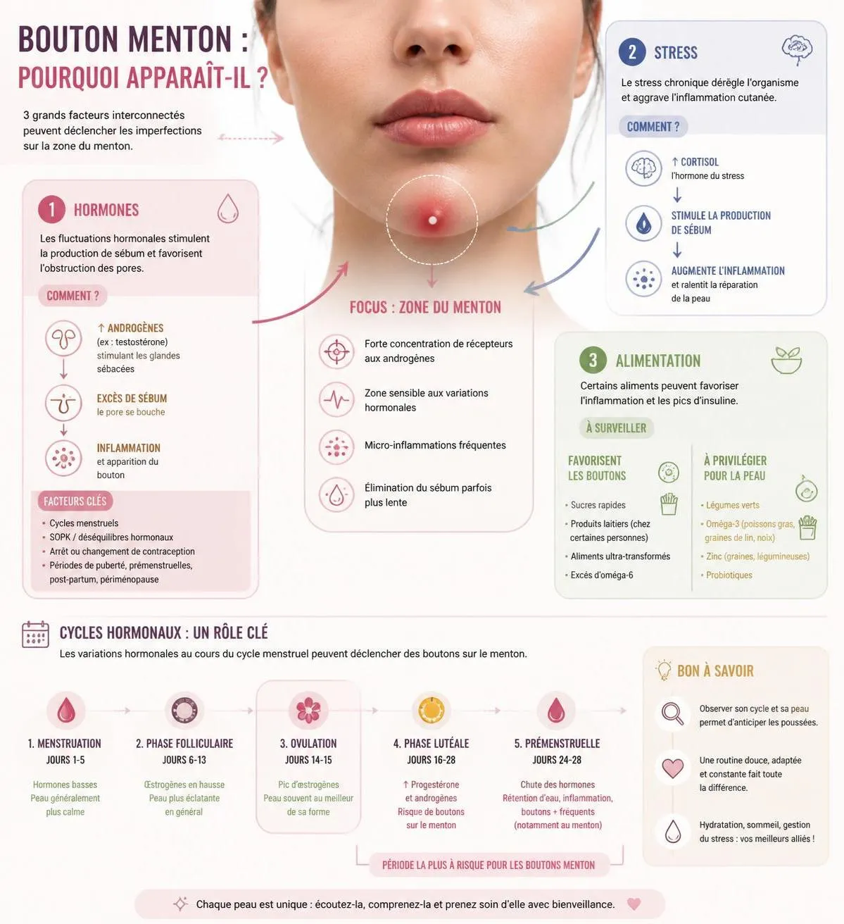 découvrez les causes hormonales du bouton menton et les traitements naturels efficaces pour les combattre et retrouver une peau saine.