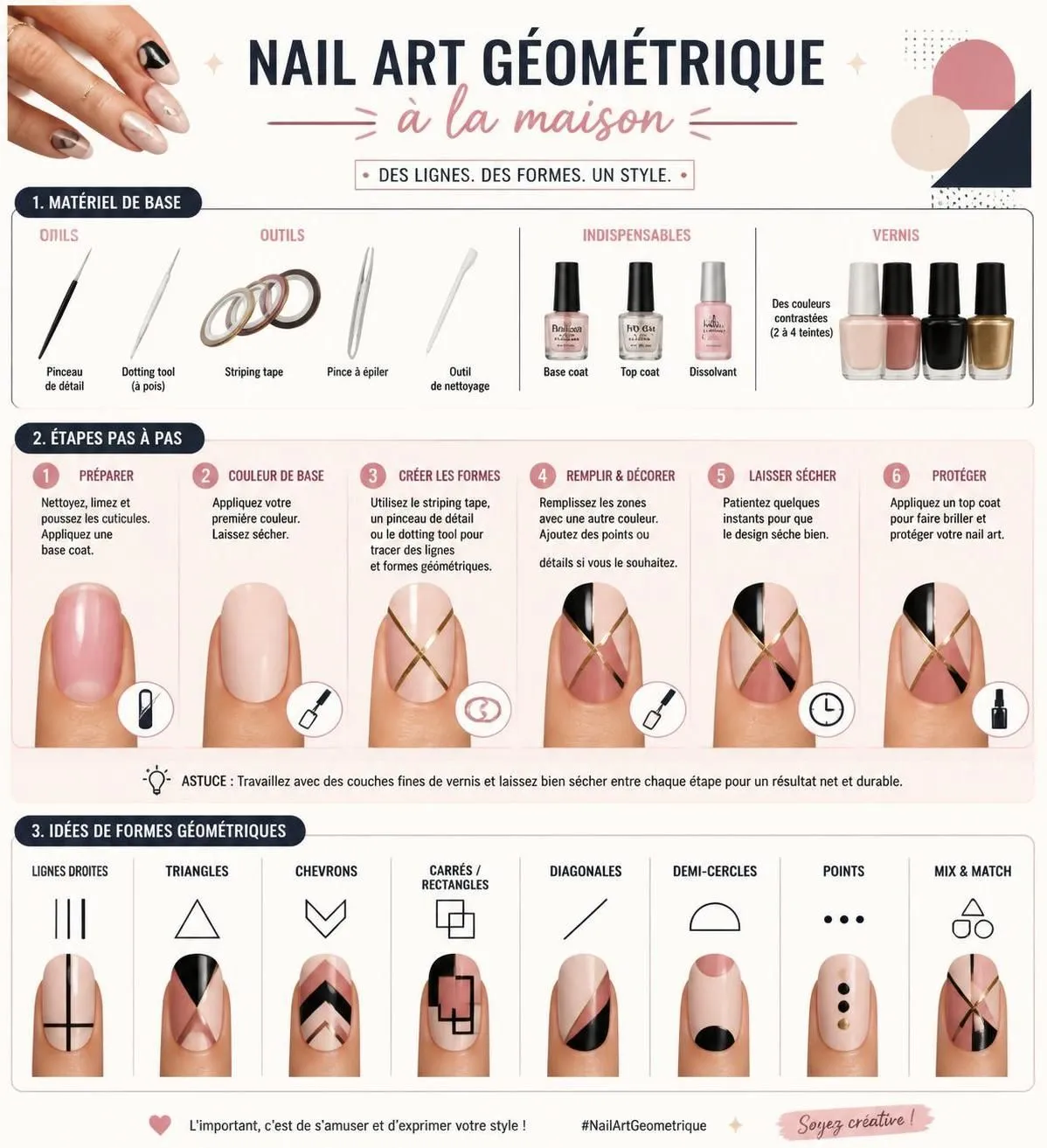 découvrez notre tuto pas-à-pas de nail art géométrique pour créer des ongles originaux et tendance en 2026. facile à réaliser, ce guide vous aidera à maîtriser les motifs modernes et stylés.