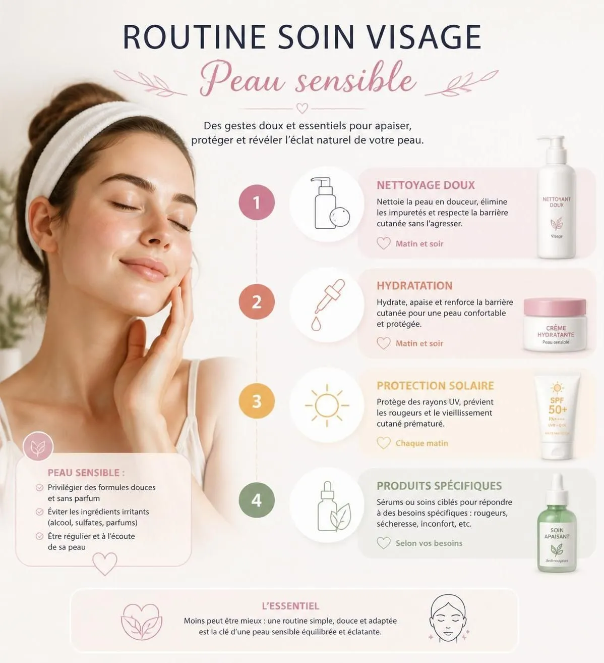 découvrez une routine soin visage spécialement conçue pour les peaux sensibles, avec des étapes simples et des produits adaptés pour apaiser, protéger et nourrir votre peau au quotidien.