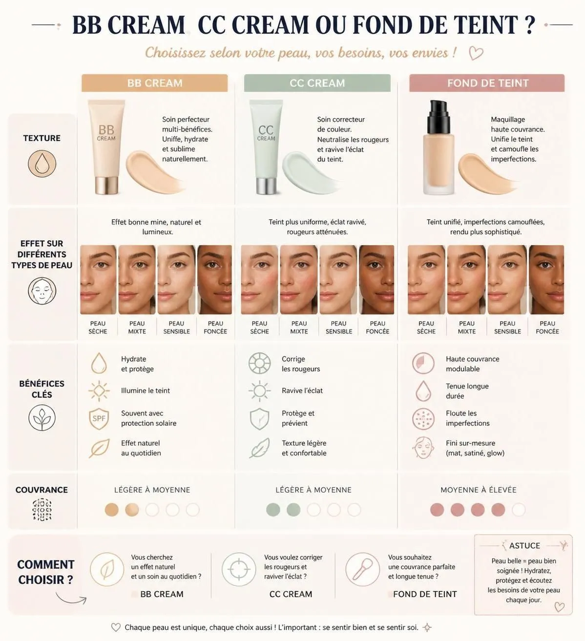 découvrez les différences entre bb cream, cc cream et fond de teint pour choisir le produit parfait selon votre peau et vos besoins maquillage.