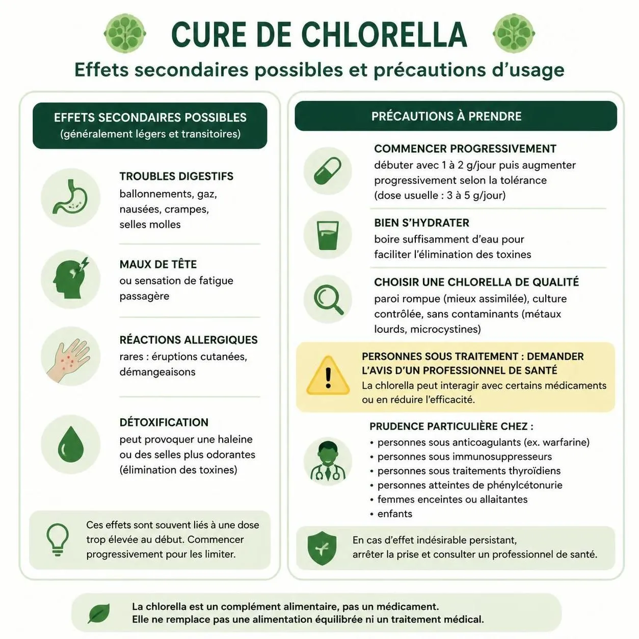 découvrez les bienfaits détox de la chlorella, sa posologie recommandée et les effets secondaires à connaßtre avant de commencer son utilisation pour une cure santé en toute sécurité.