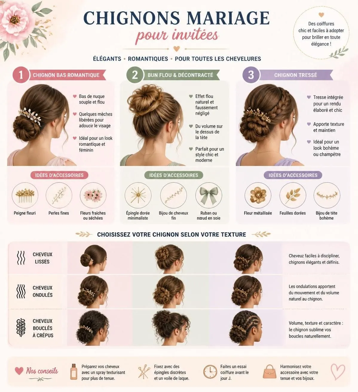 découvrez les plus belles idées de coiffures mariage pour invitées et réalisez un chignon parfait adapté à la nature de vos cheveux.