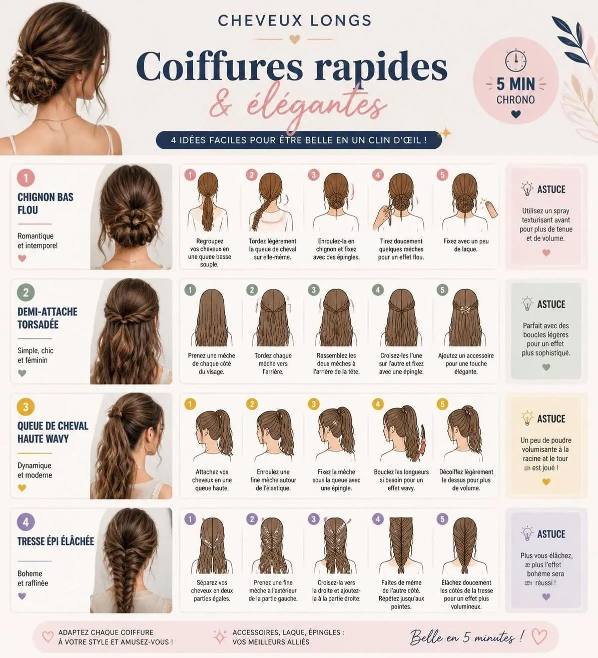 découvrez 10 idées rapides et élégantes pour coiffer vos cheveux longs au quotidien. des coiffures simples à réaliser pour un look soigné en toutes occasions.