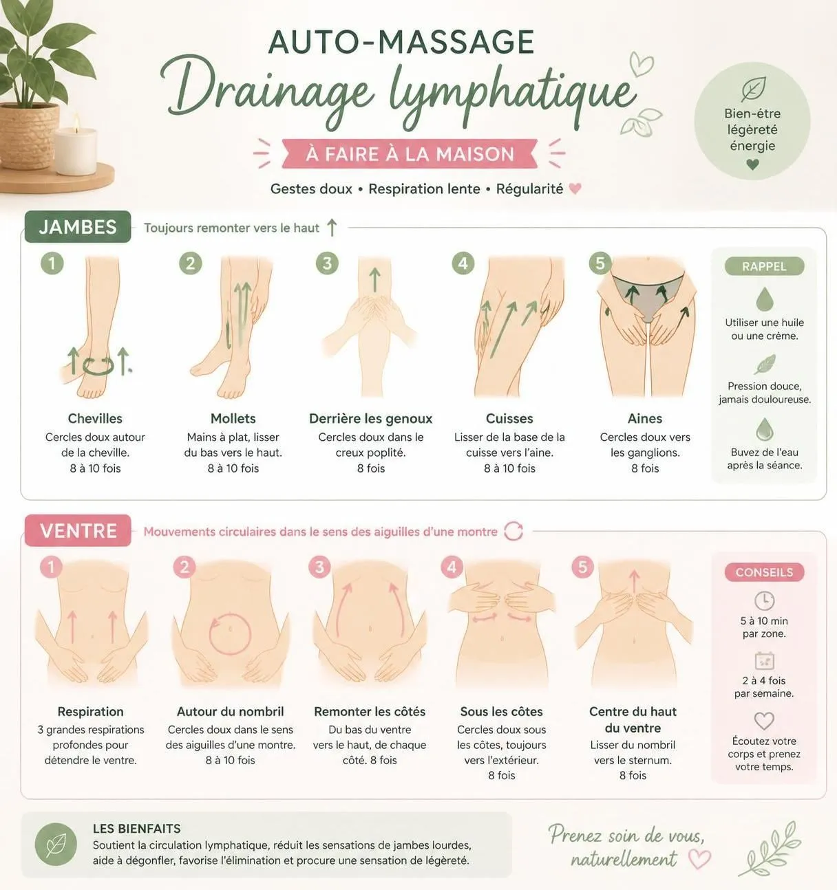 découvrez une technique diy de drainage lymphatique corps pour des jambes légères et un ventre dégonflé, favorisant bien-être et détoxification naturelle.