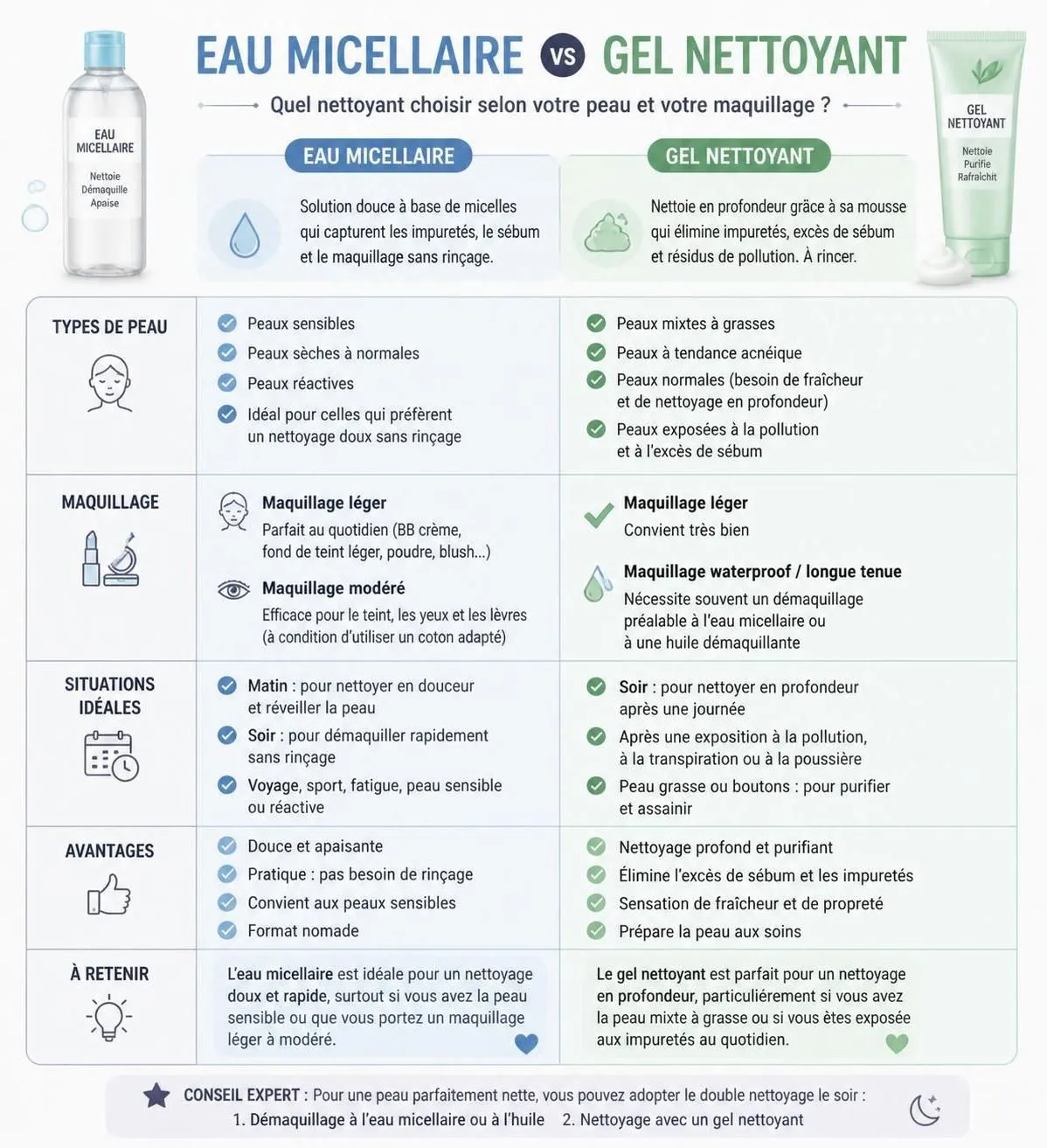 découvrez les différences entre l'eau micellaire et le gel nettoyant lavant pour démaquiller votre peau en douceur sans irritation. faites le bon choix pour votre routine beauté.