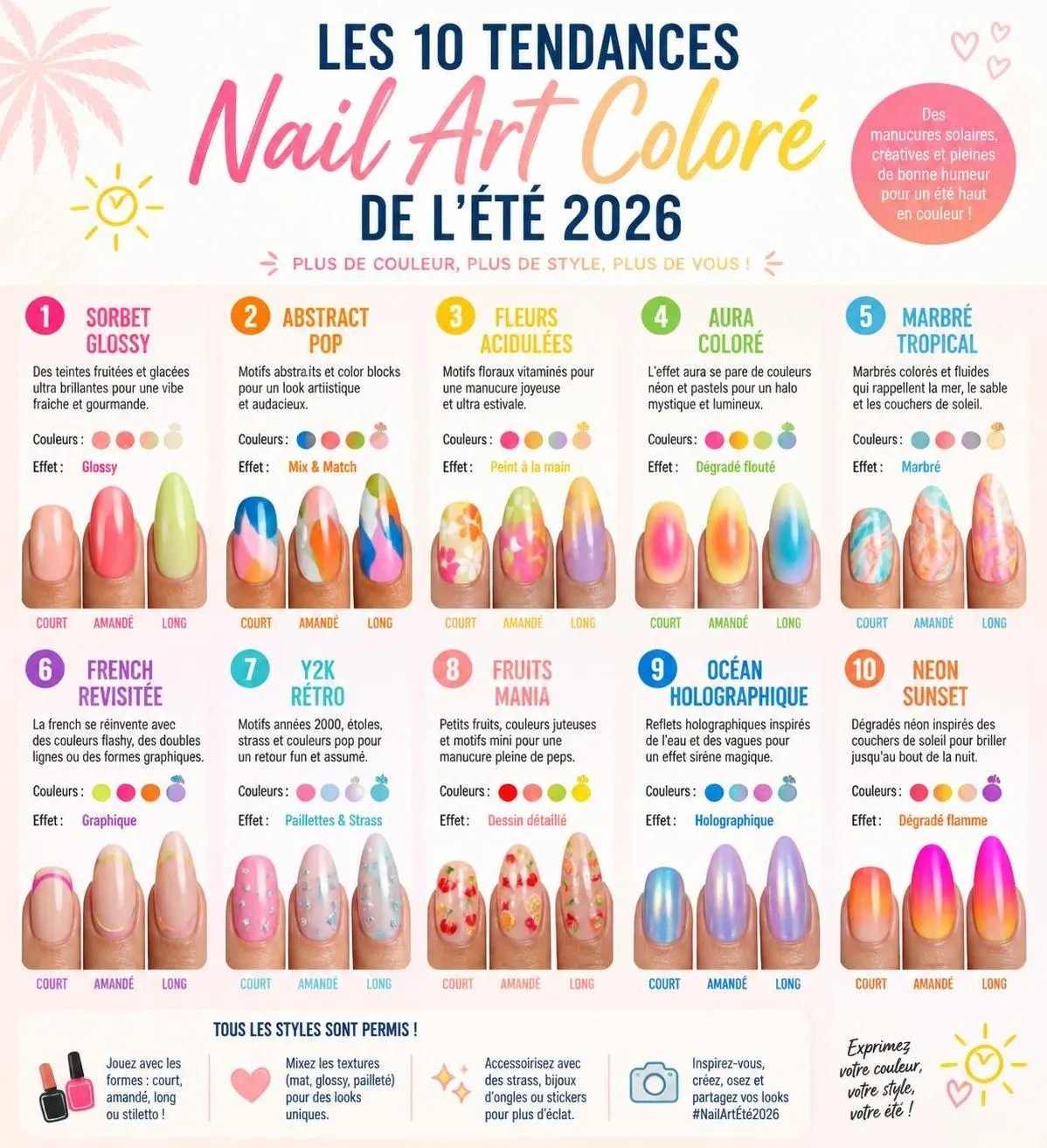 découvrez les 10 designs de nail art colorés les plus tendance pour l'été 2026 et sublimez vos ongles avec les styles les plus demandés de la saison.