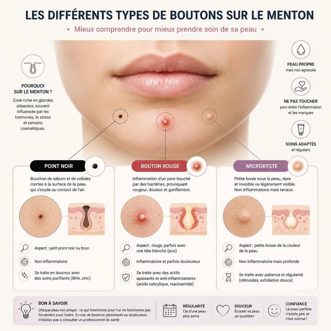 découvrez pourquoi un bouton revient toujours au même endroit sur le menton et quels sont les soins ciblés efficaces pour l'éliminer durablement.