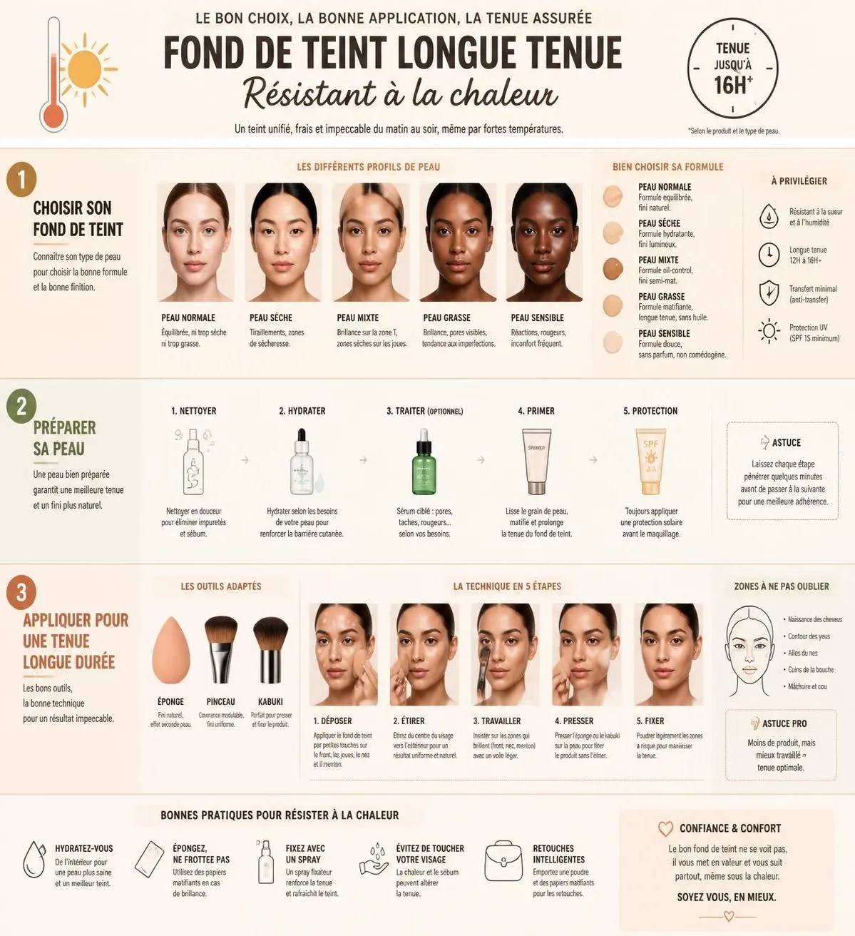 découvrez notre guide complet pour choisir un fond de teint longue tenue adapté à votre peau et apprendre nos astuces pour qu'il reste impeccable toute une journée d'été, même sous la chaleur.
