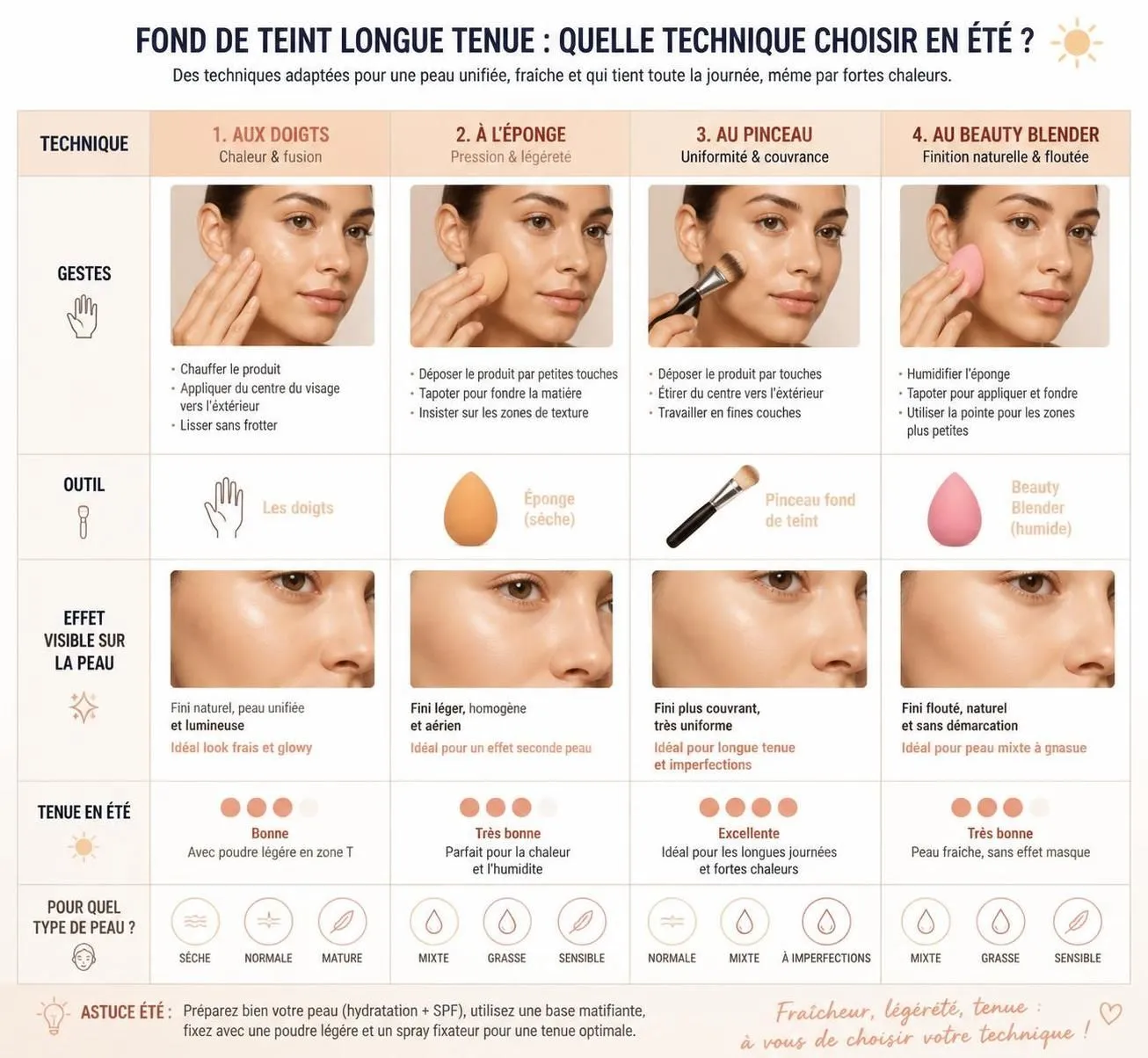 découvrez notre guide complet pour choisir un fond de teint longue tenue adapté à votre peau et apprendre nos astuces pour le faire durer toute une journée d'été sans retouches.