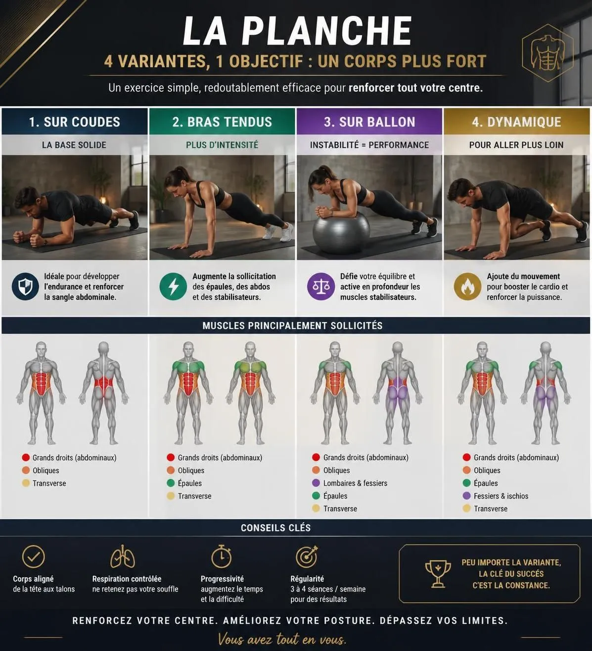 découvrez comment réaliser correctement la planche (gainage), la durée idéale pour la maintenir et les véritables bienfaits sur votre corps.