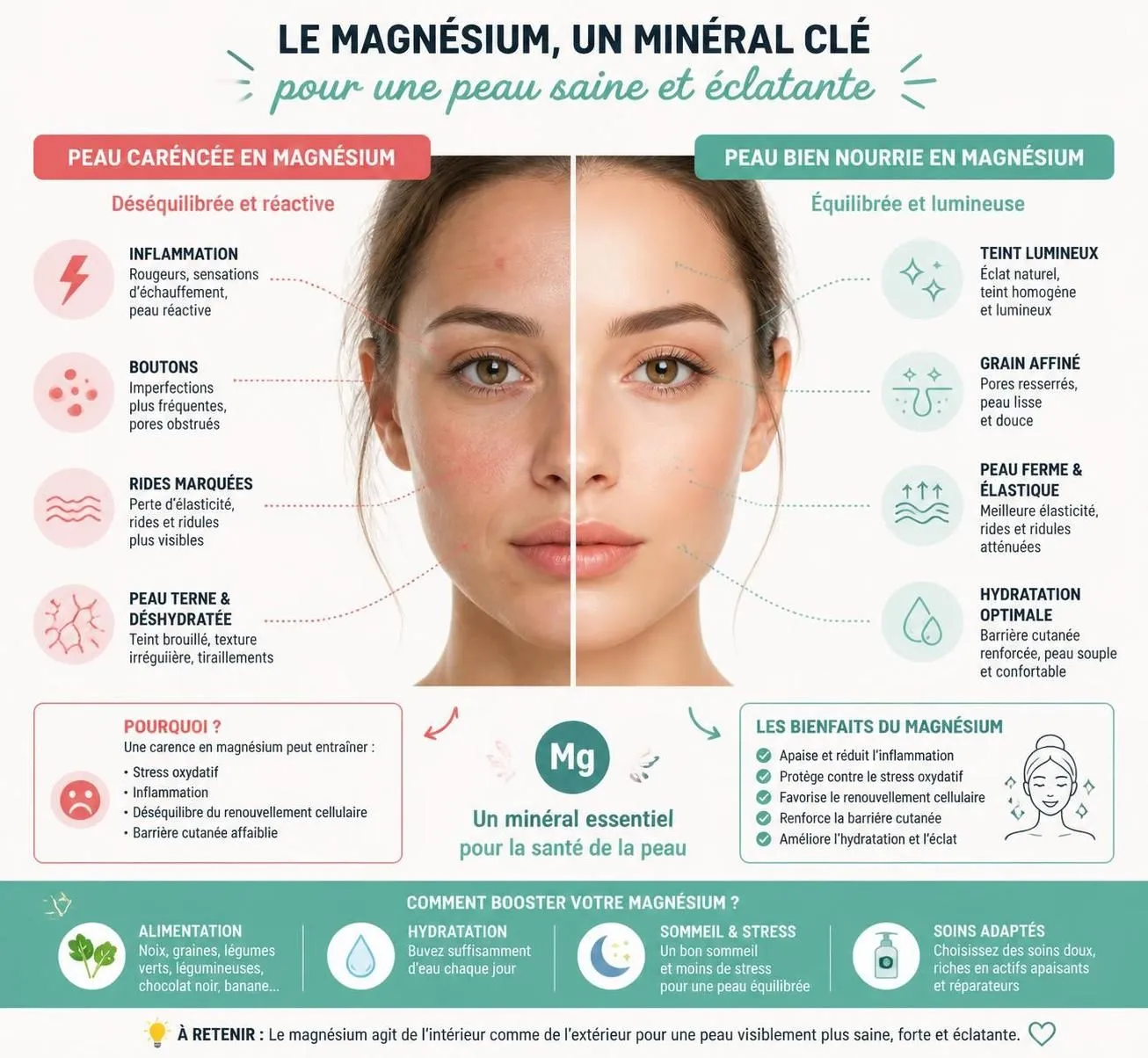découvrez comment le magnésium influence la santé de votre peau, améliore la qualité cutanée, et apprenez les meilleures façons de vous supplémenter pour en tirer tous les bienfaits.