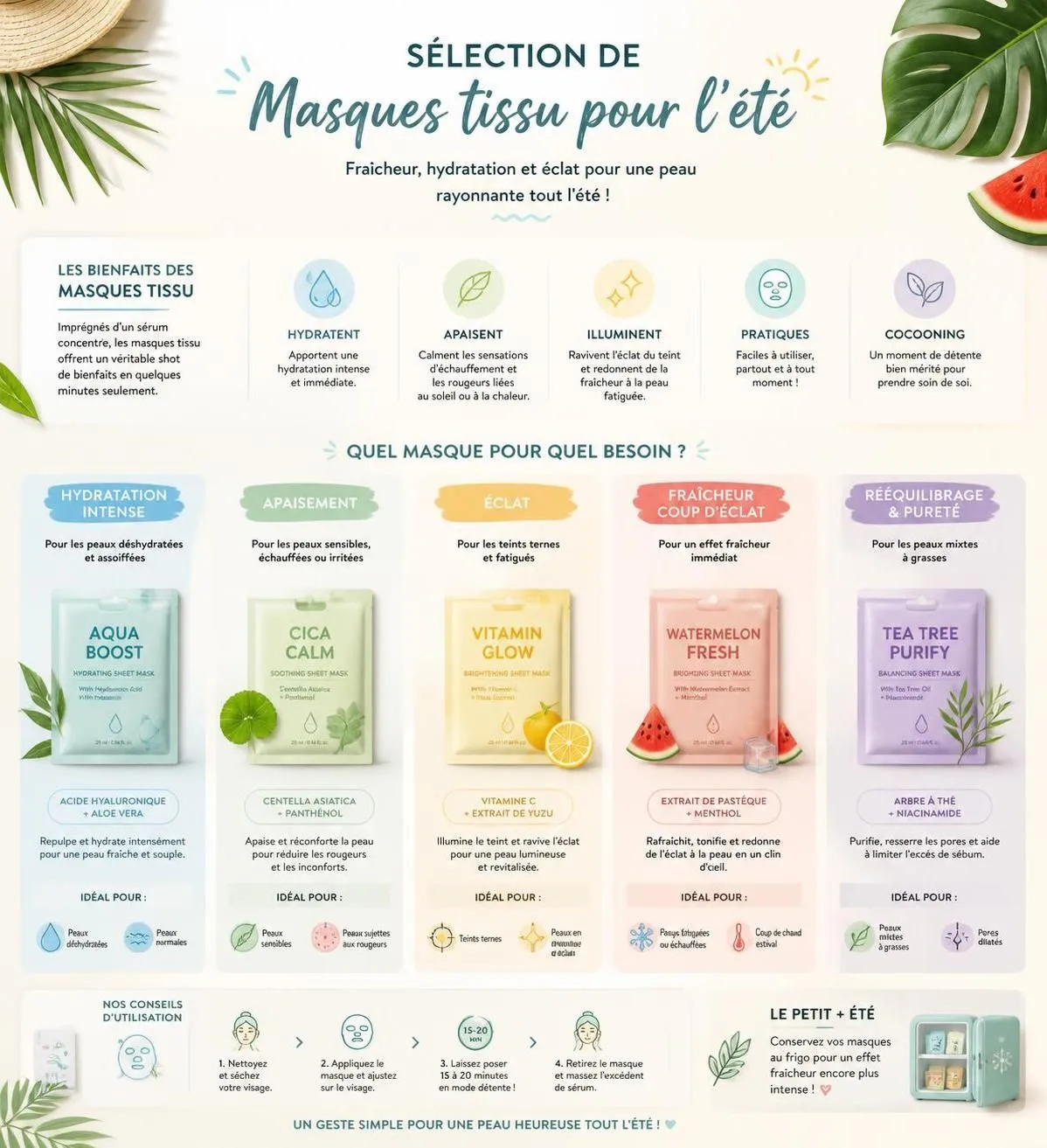 découvrez les meilleurs masques tissu pour le visage, parfaits pour hydrater et illuminer votre peau cet été. des soins faciles à adopter pour un teint éclatant toute la saison.