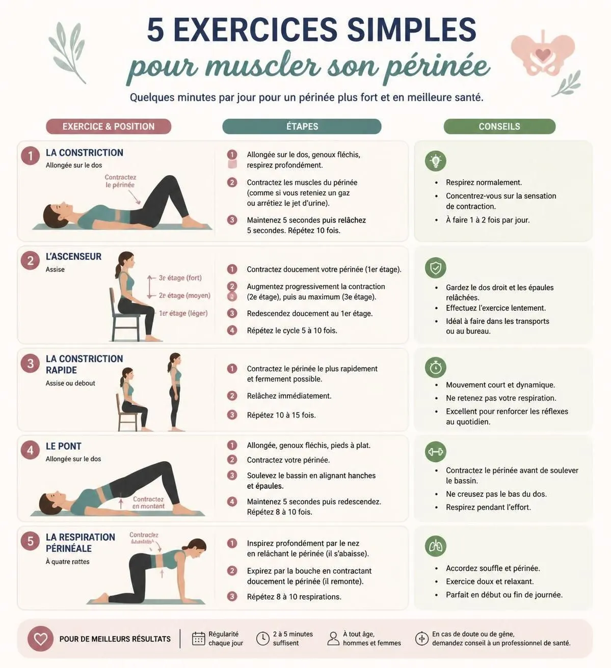 découvrez 5 exercices simples pour muscler votre périnée au quotidien et profitez des nombreux bienfaits pour votre santé intime et votre bien-être général.