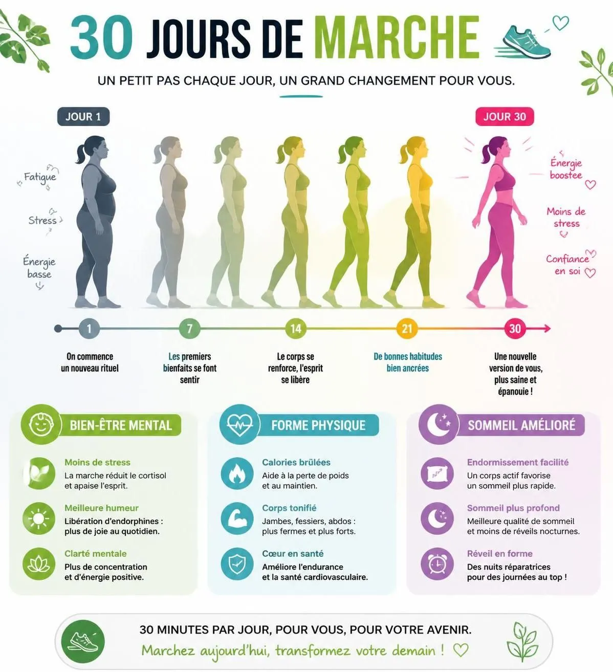 découvrez les effets du programme de marche 30 jours sur votre silhouette et votre bien-être. suivez nos conseils pour transformer votre corps et améliorer votre santé au quotidien.