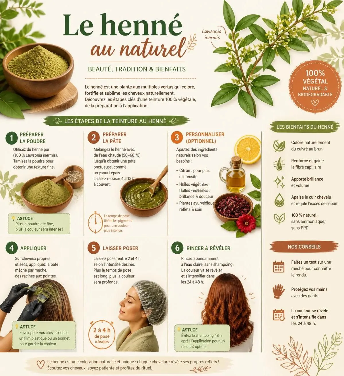 découvrez les techniques de teinture naturelle au henné, ses résultats sur différents types de cheveux et les précautions essentielles à prendre avant de commencer pour un résultat optimal et en toute sécurité.