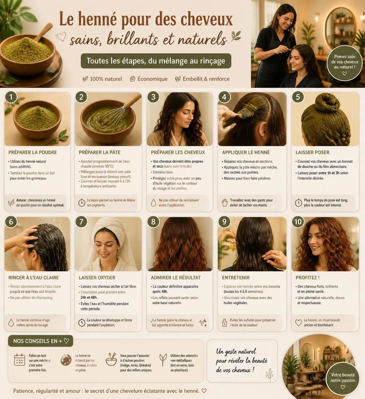découvrez la teinture naturelle au henné : apprenez les techniques, observez les résultats et suivez les précautions essentielles avant de vous lancer pour une coloration saine et efficace.