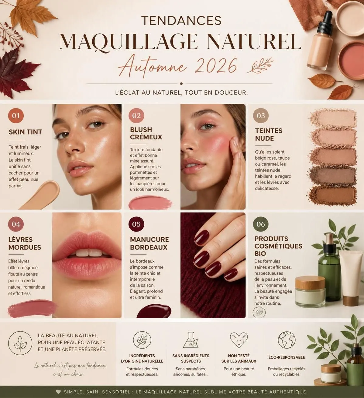 découvrez les tendances maquillage naturel pour l'automne 2026 avec des teintes nude et des produits bonne mine pour sublimer votre beauté en douceur cette saison.