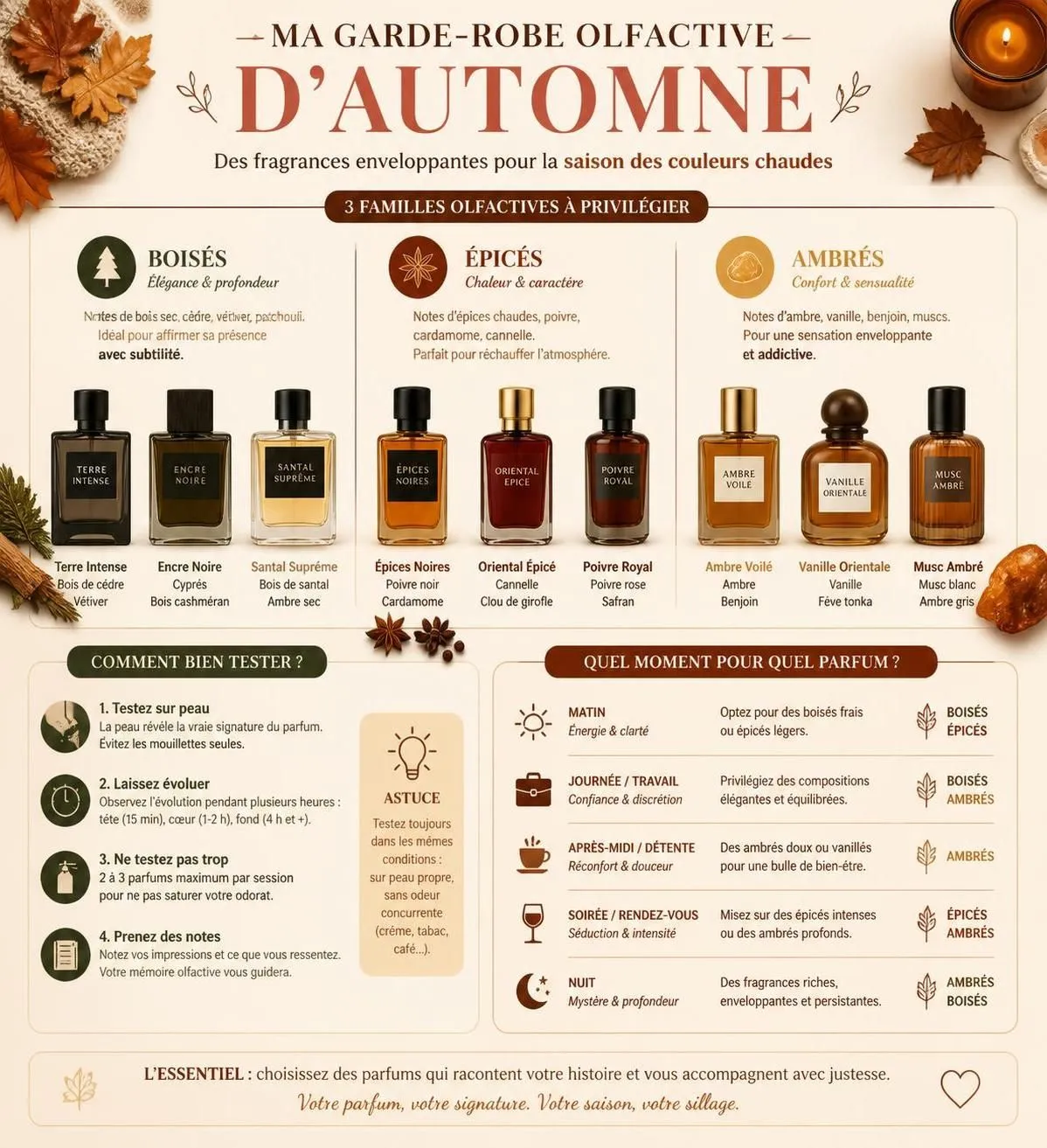 découvrez les parfums d'automne 2026 aux notes boisées et épicées, parfaits pour envelopper la saison froide d'une ambiance chaleureuse et élégante.