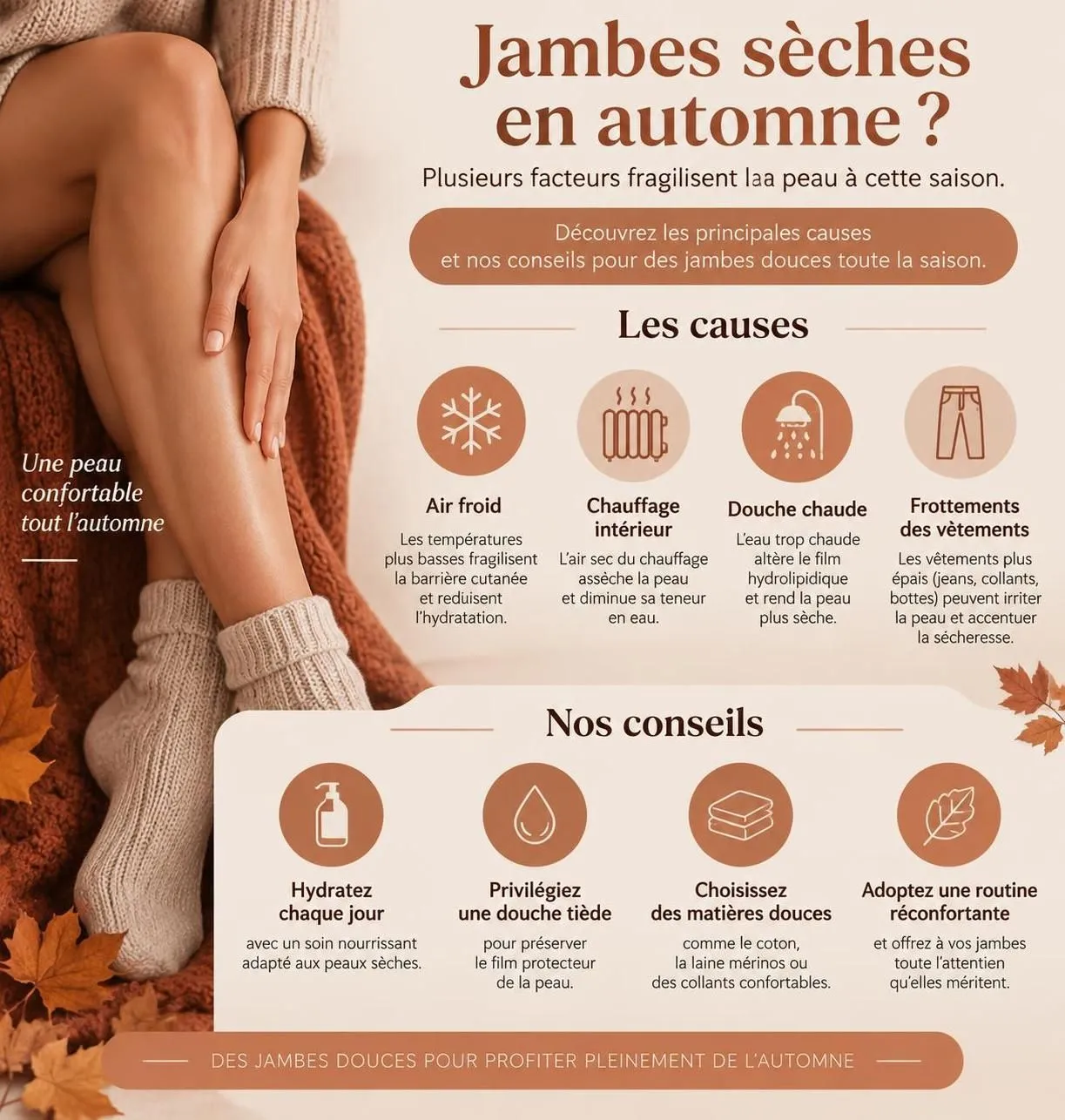 découvrez comment hydrater et exfolier vos jambes en automne, avec des conseils doux pour protéger les peaux sensibles du dessèchement.