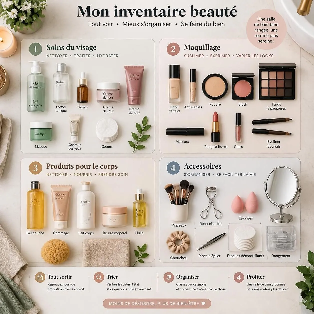 découvrez comment trier vos cosmétiques, repérer les produits périmés et organiser votre trousse beauté pour garder l’essentiel à portée de main.