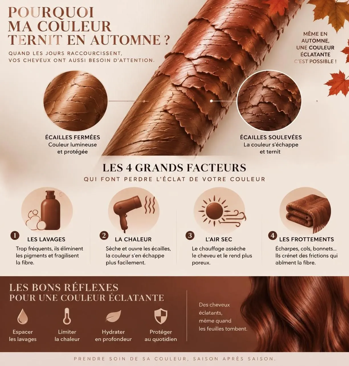 découvrez les soins essentiels pour protéger vos cheveux colorés en automne et préserver l’éclat de votre couleur entre deux rendez-vous chez le coiffeur.