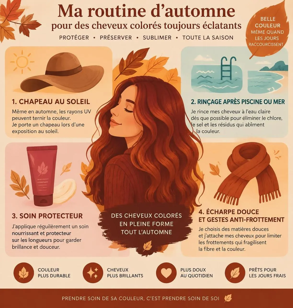 découvrez les soins essentiels pour protéger vos cheveux teints en automne et préserver l’éclat de votre couleur entre deux rendez-vous chez le coiffeur.