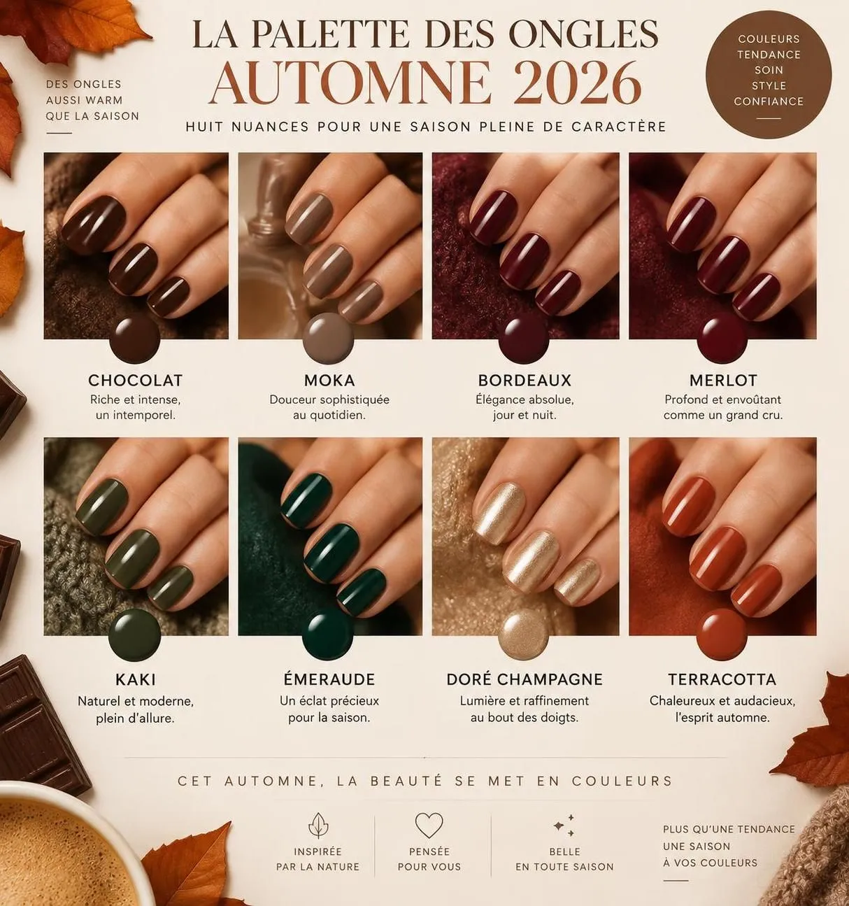 découvrez les couleurs d’ongles tendance de l’automne 2026 et choisissez les teintes qui subliment votre carnation.