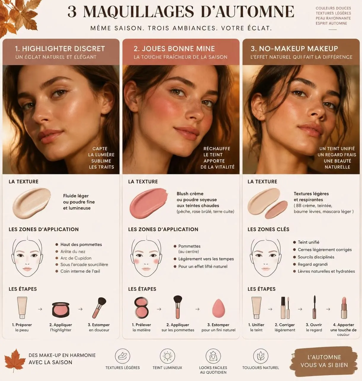 highlighter lumineux, effet bonne mine ou no-makeup makeup : découvrez quelle approche choisir pour illuminer votre teint en automne.