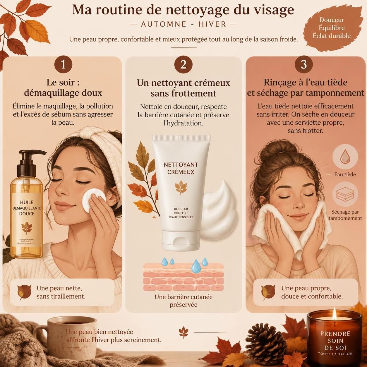 découvrez comment adapter votre routine soin peau en automne-hiver : choisissez une crème, un sérum et un nettoyant adaptés aux besoins de votre peau.