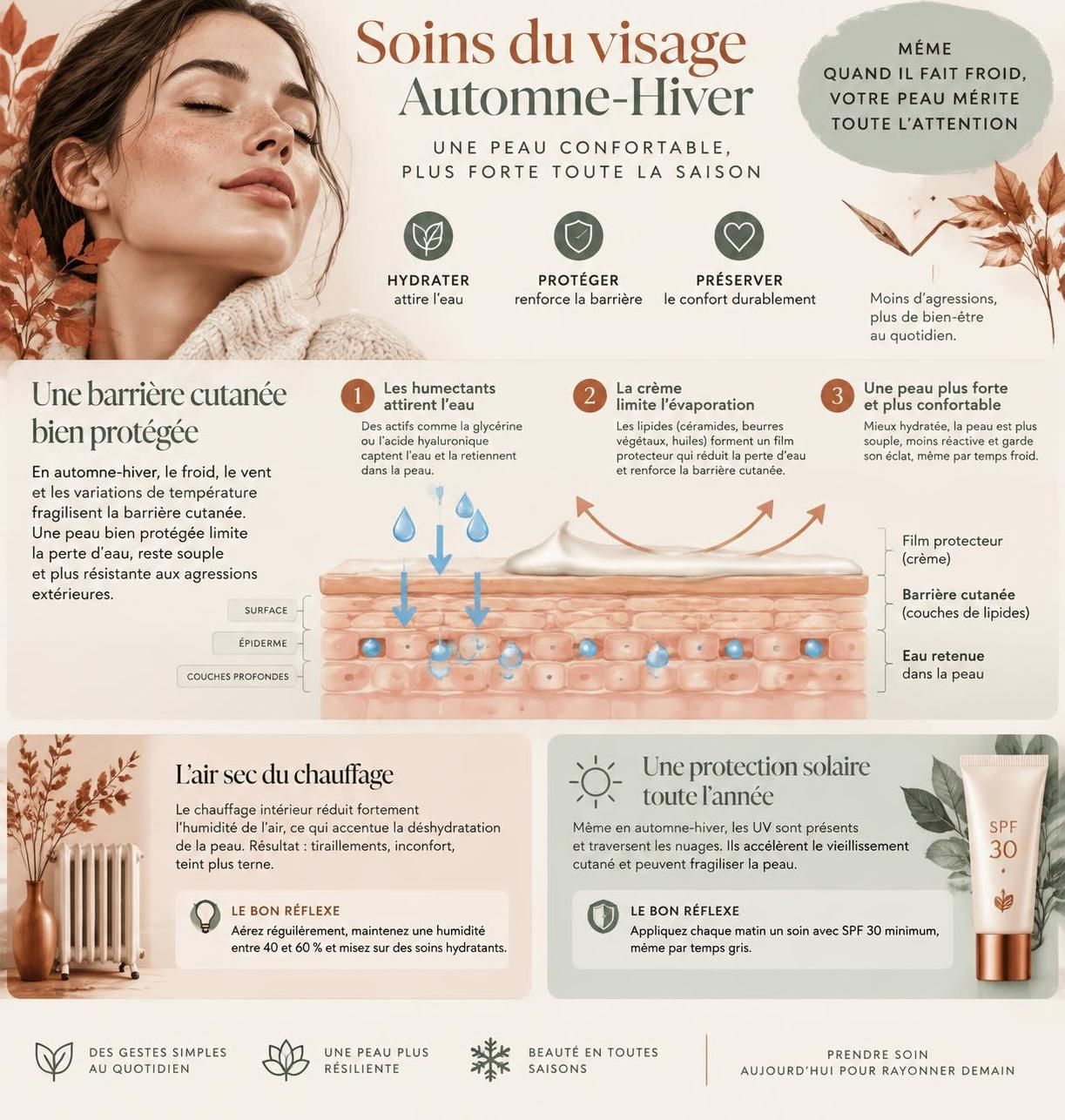 adaptez votre routine de soin à l’automne-hiver : choisissez une crème, un sérum et un nettoyant adaptés aux besoins de votre peau.