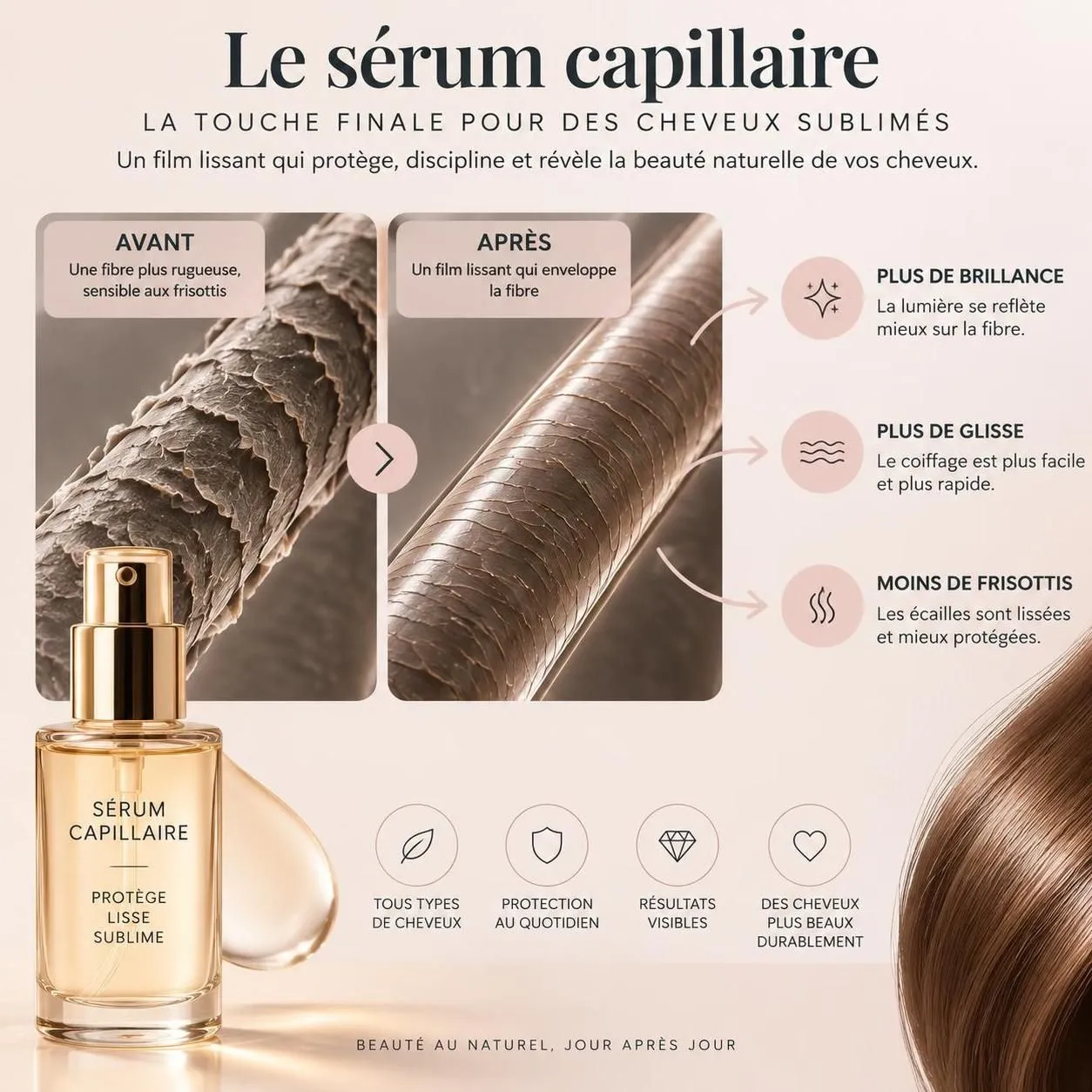 cheveux fins, secs ou frisés : découvrez quel sérum lissant choisir et quels actifs privilégier pour lisser, protéger et discipliner sans alourdir.