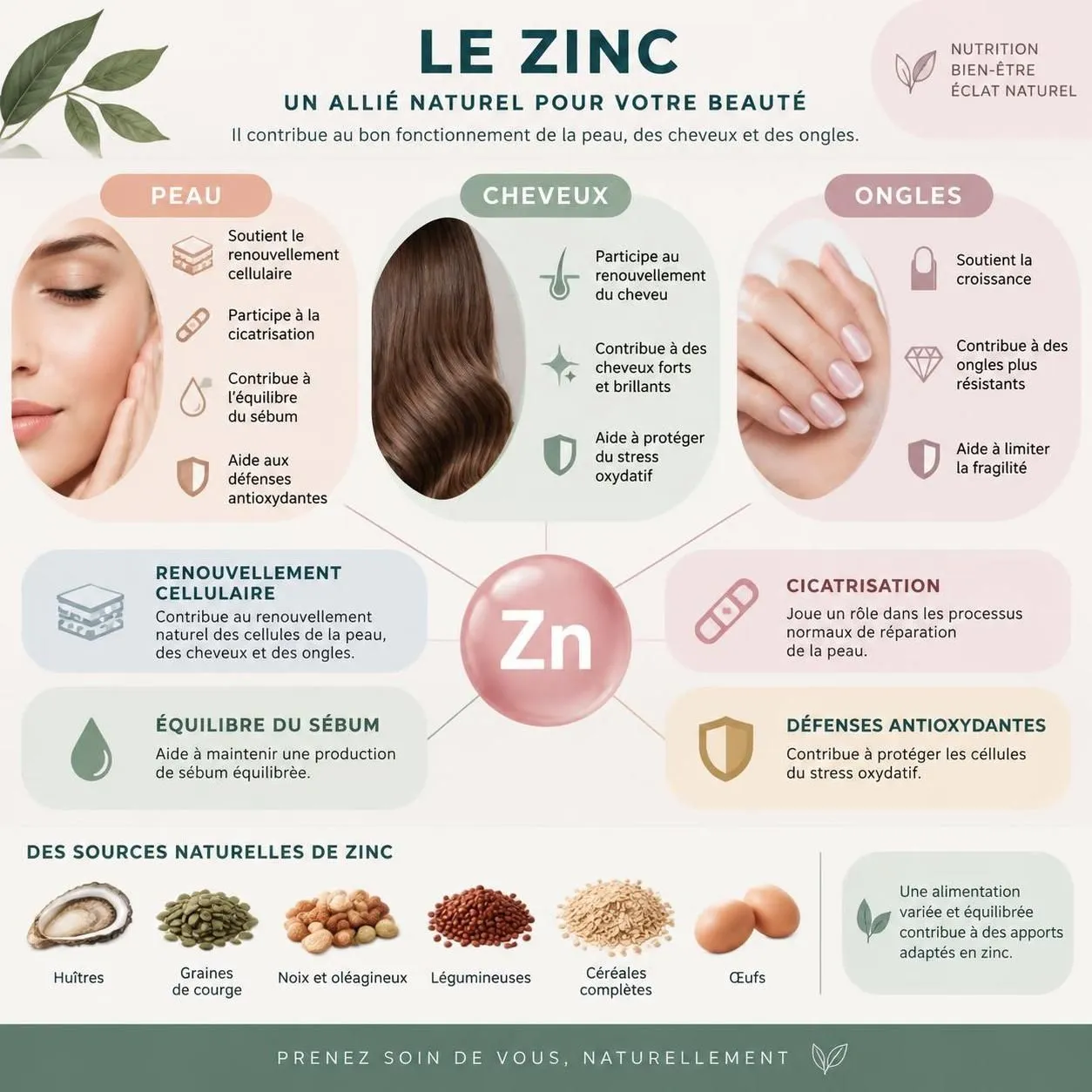 découvrez comment le zinc contribue à la santé de la peau, aide à lutter contre l’acné et soutient la solidité des ongles et des cheveux.